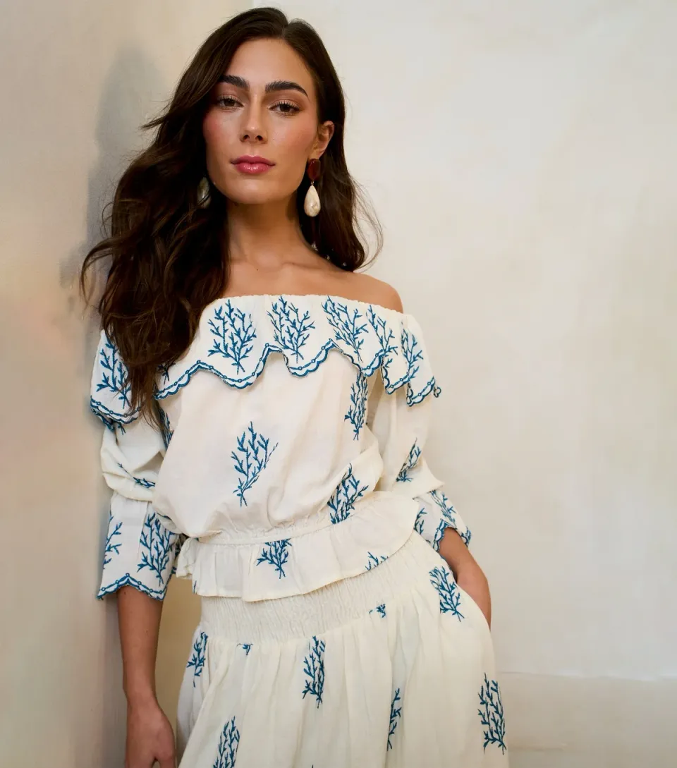 Women's Off White Cotton Embroidered Bardot Top