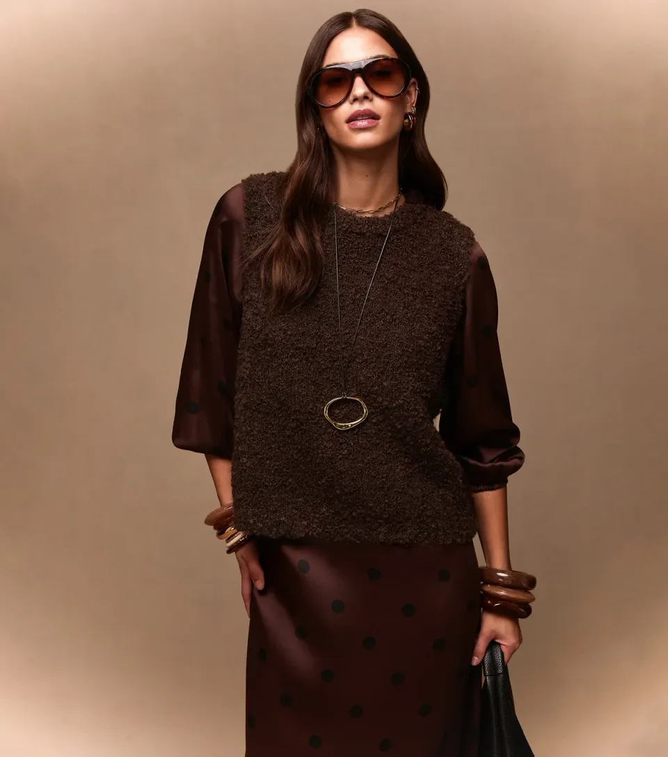 Women's Dark Brown Boucle Textured Knit Tabard Vest