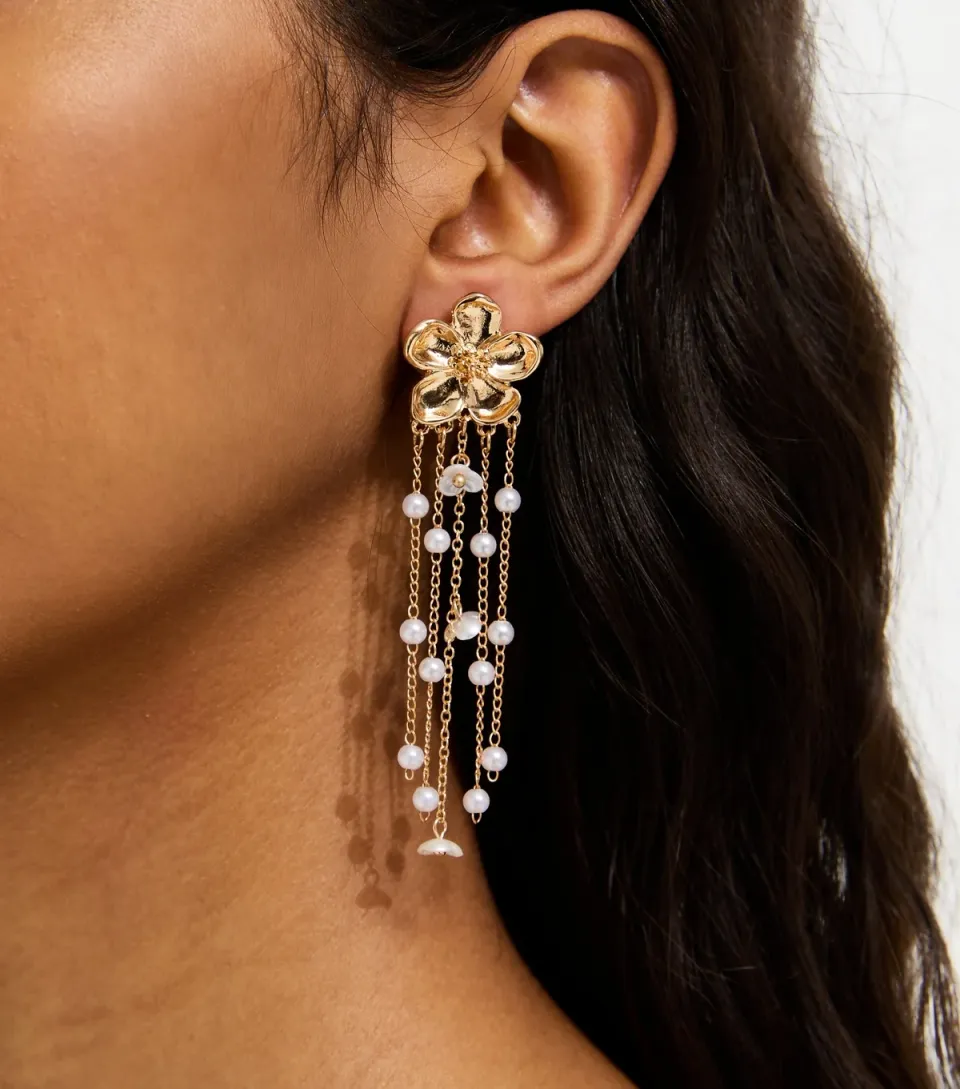 Gold Tone Flower Faux Pearl Tassel Stud Earrings