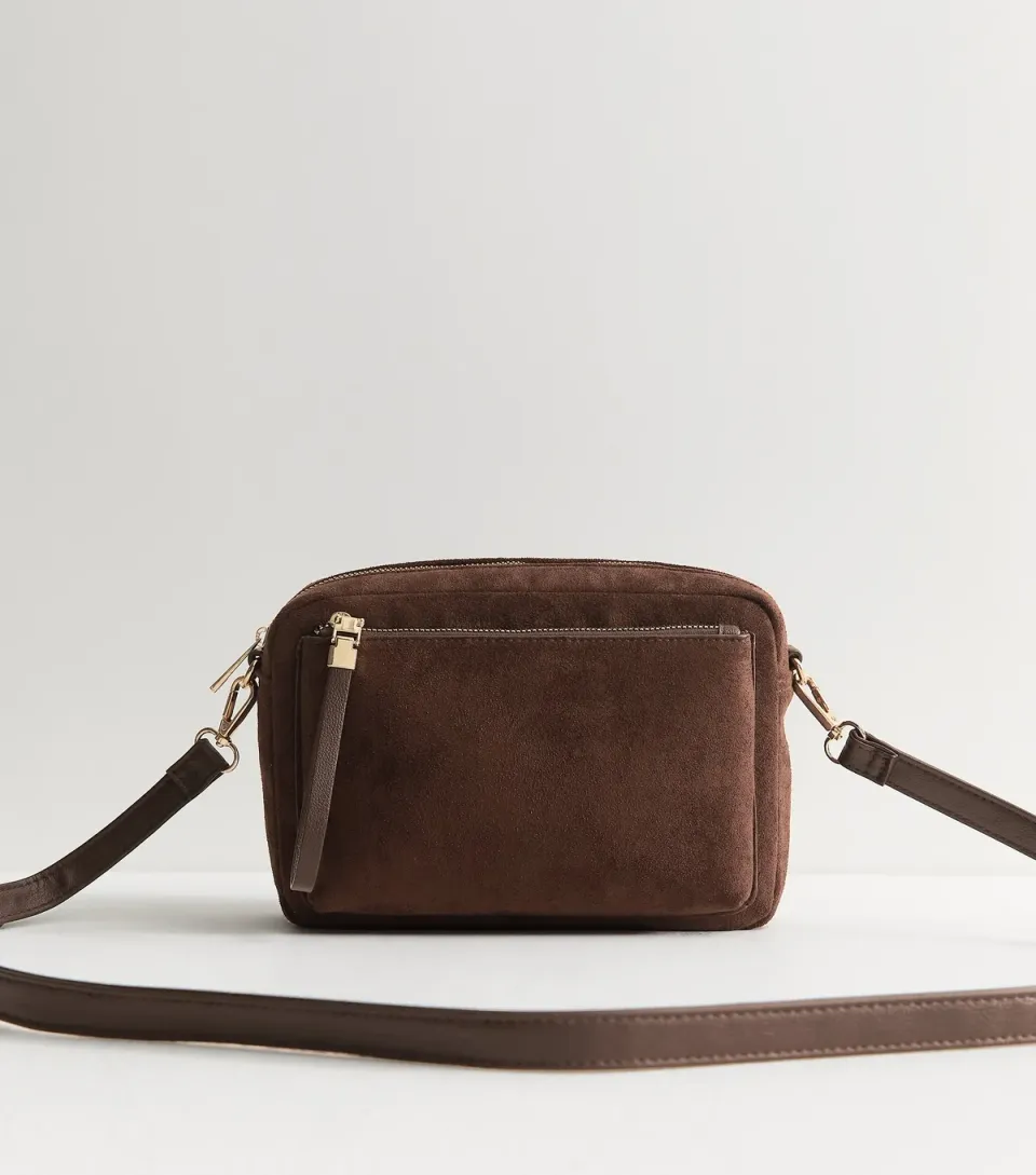 Dark Brown Faux Suede Camera Bag
