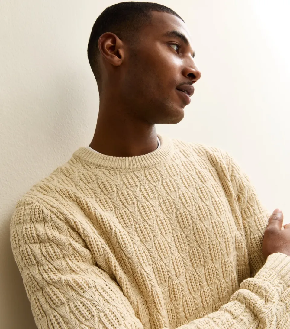 Men's Cream Regular Textured Crew Neck Jumper