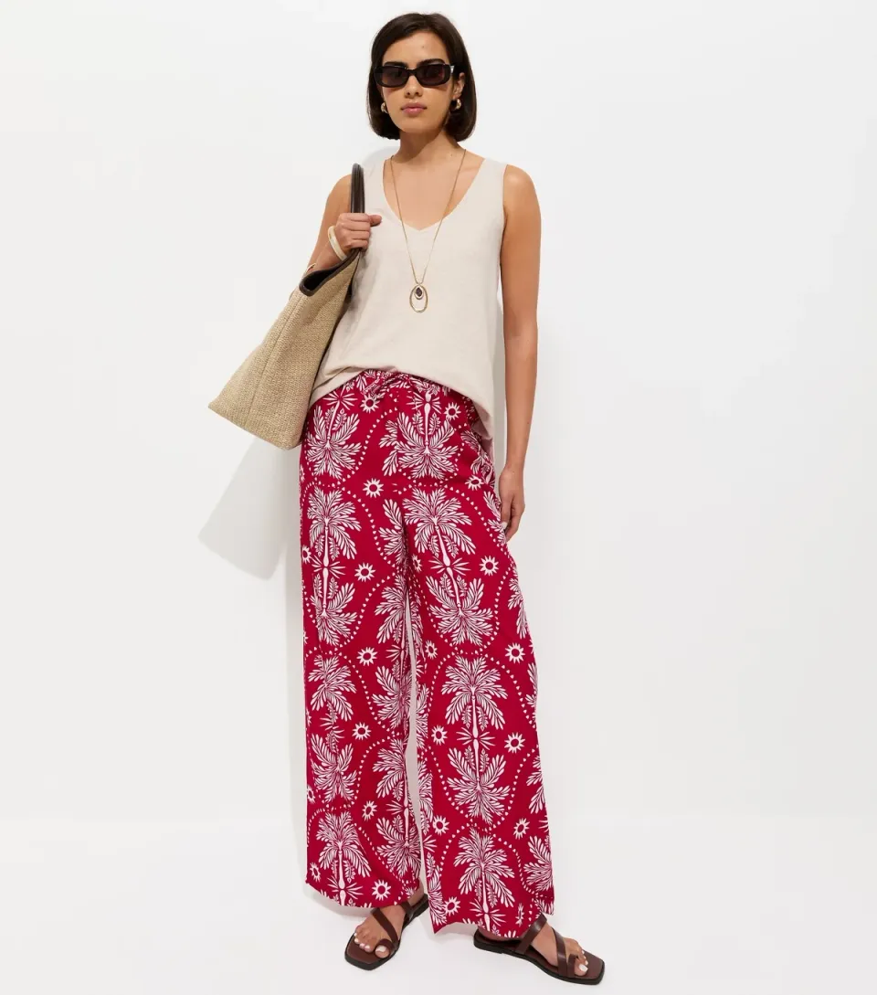 Women's Red Palm Tree Print Wide Leg Trousers