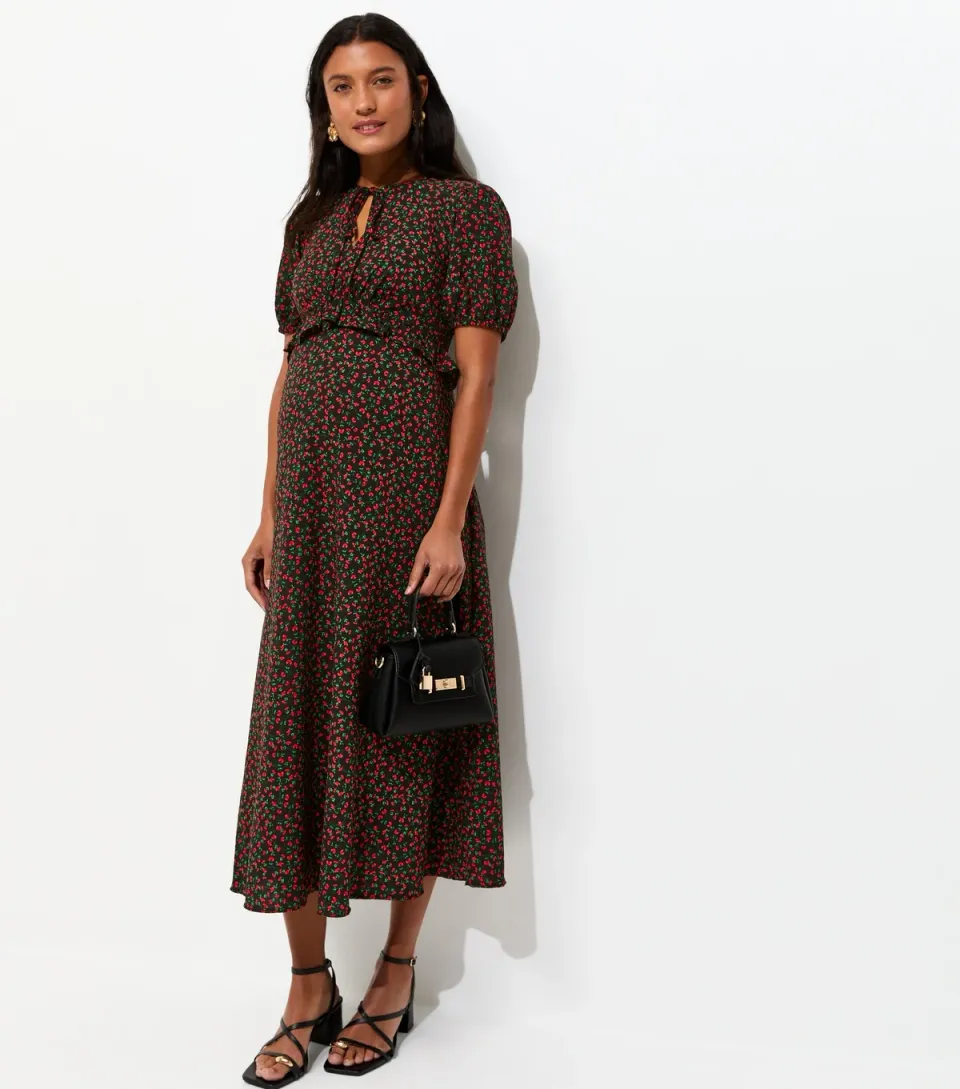 Women's Maternity Black Ditsy Short Sleeve Keyhole Midi Dress
