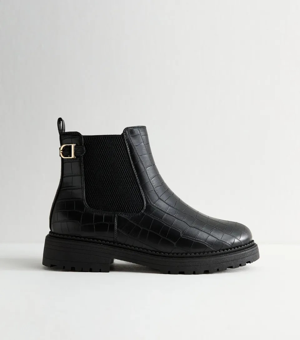 Women's Wide Fit Black Crocodile Effect Leather Ankle Boots Vegan