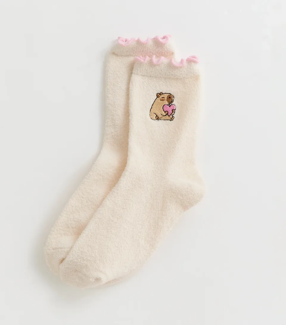 Cream Embroidered Capybara Cosy Ankle Socks