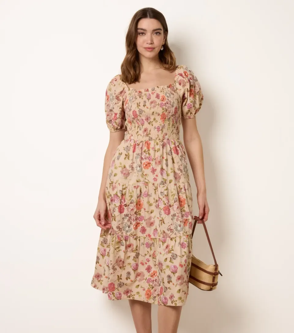 Women's Yellow Cotton Floral Tiered Midi Dress