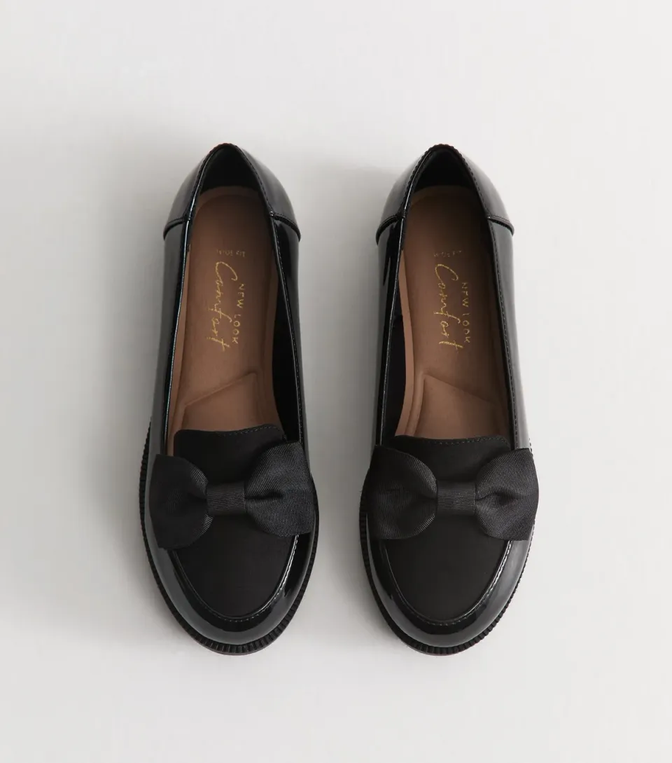 Women's Wide Fit Black Faux Patent Leather Bow Loafers Vegan