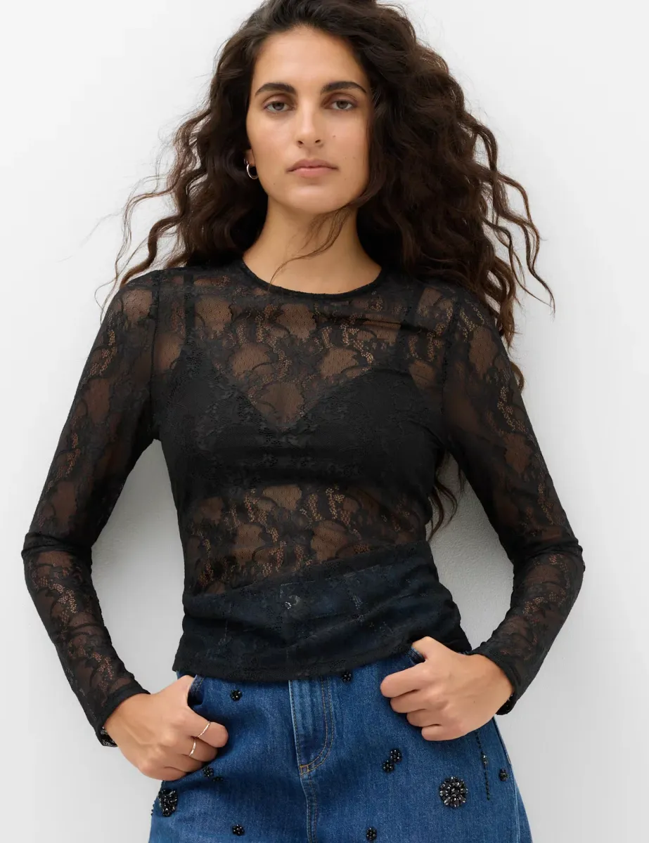 Lace Crew Neck Regular Fit Top Black