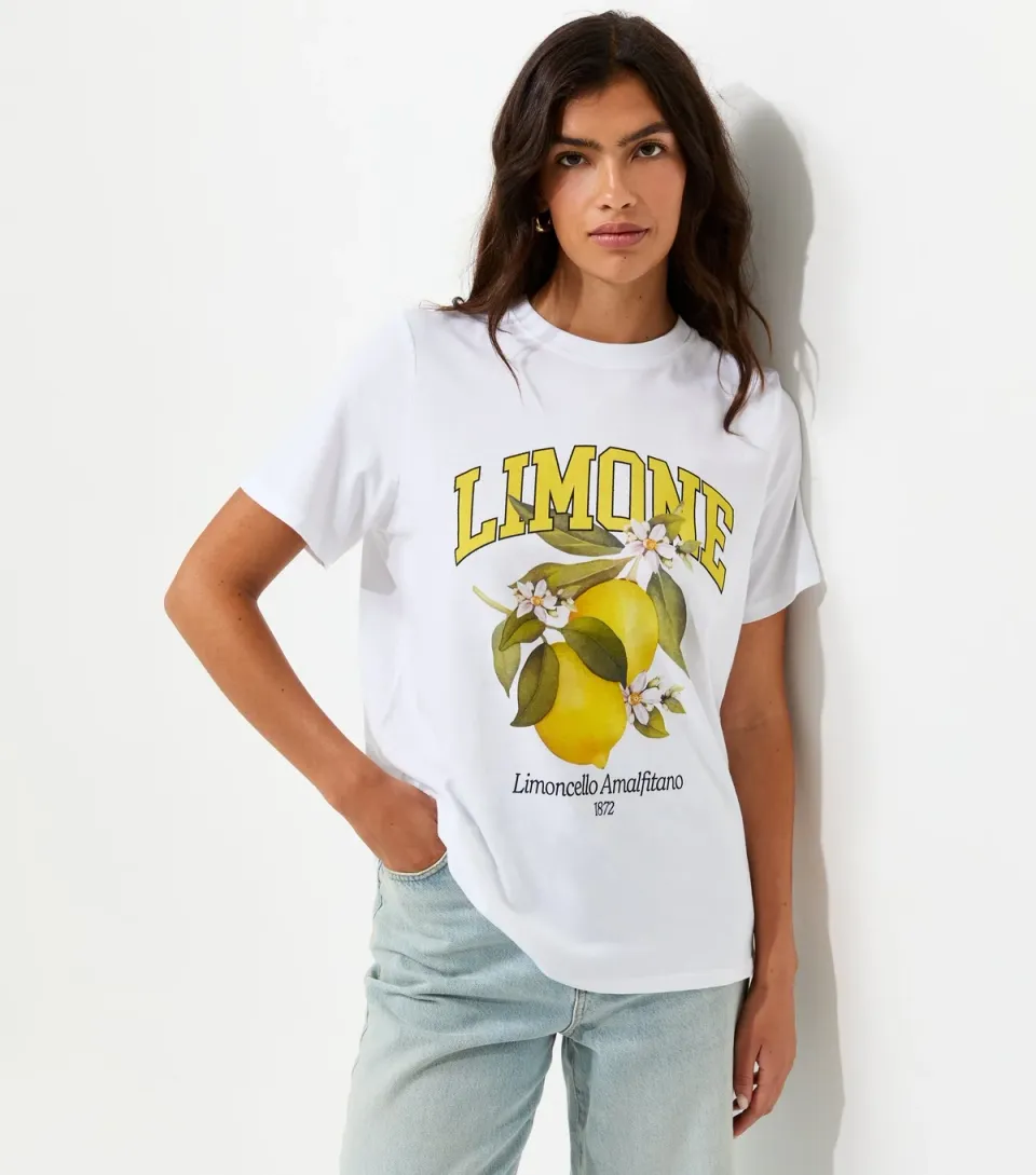 Women's White Cotton Limone Print Crew Neck T-Shirt