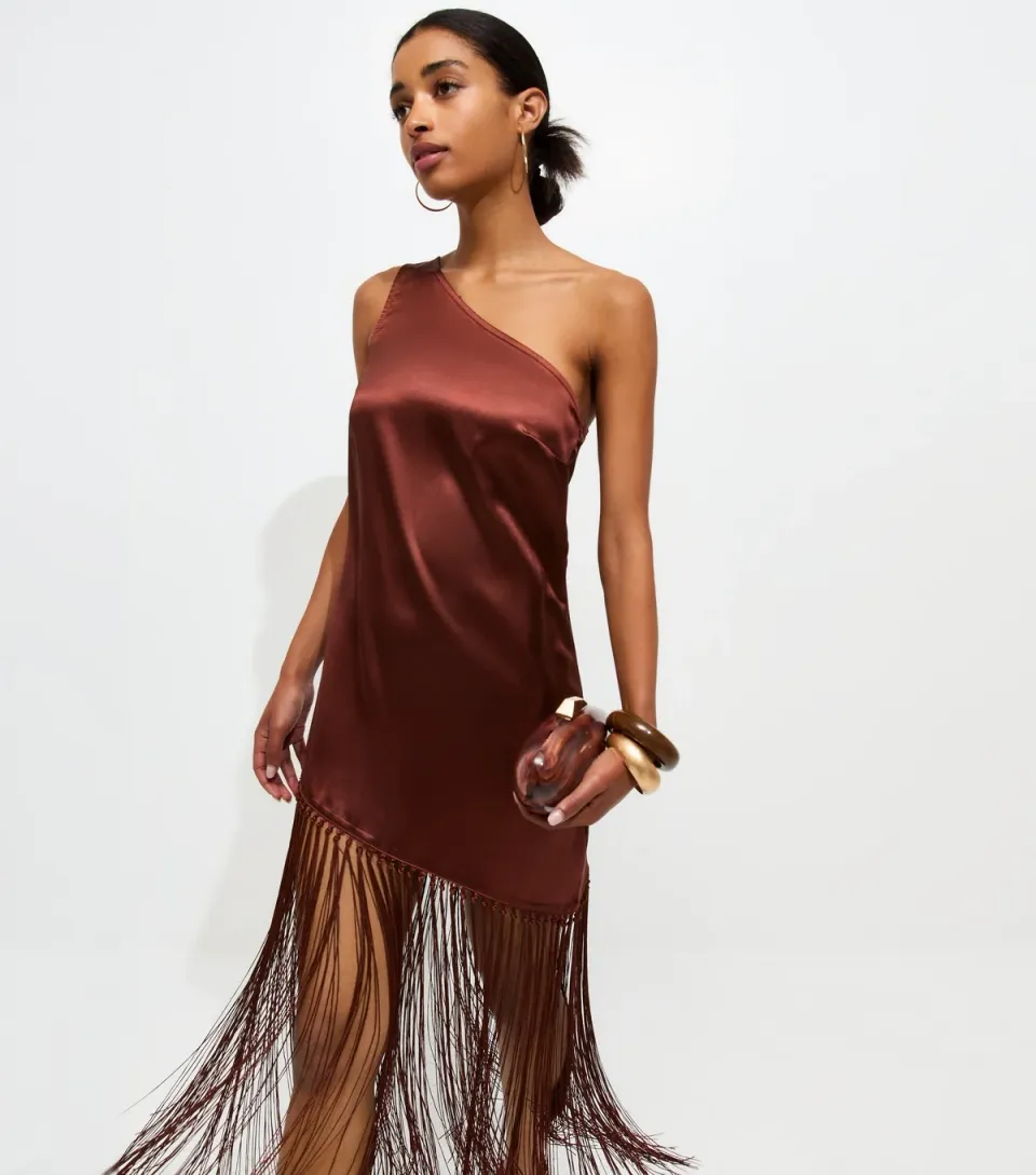 Women's Black Satin One Shoulder Tassel Trim Midi Dress