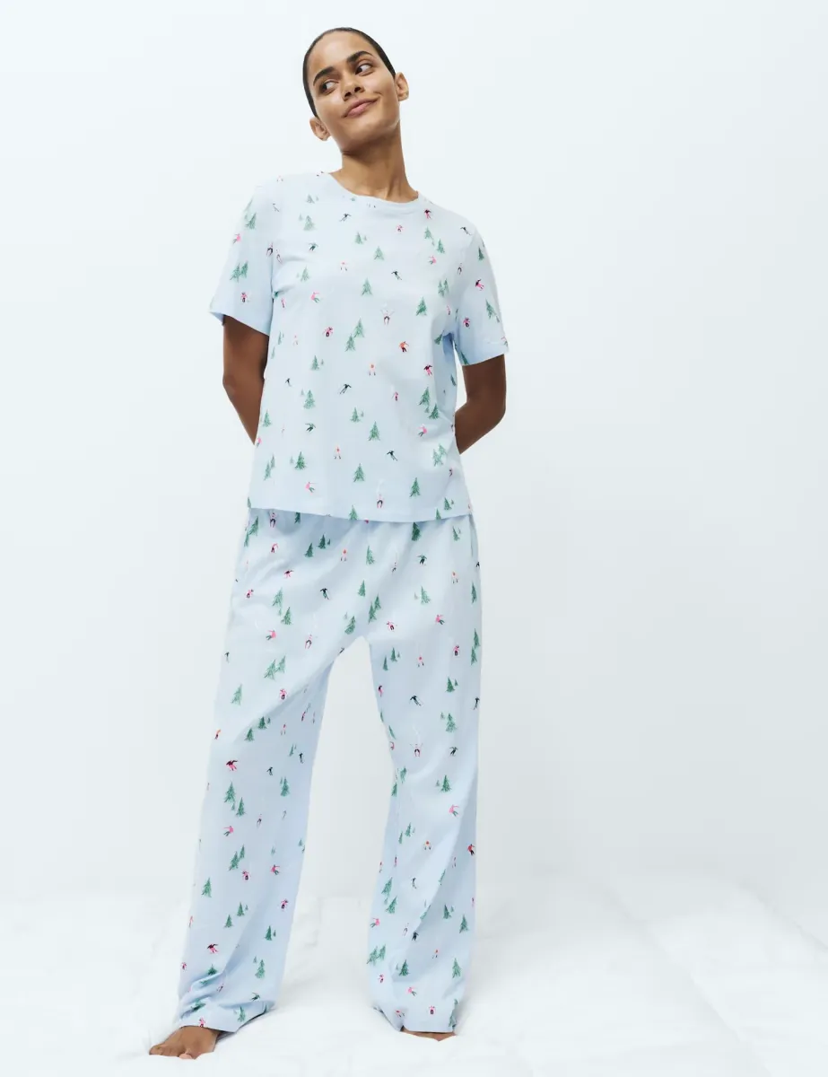Pure Cotton Printed Short Sleeve Pyjama Set Light Blue