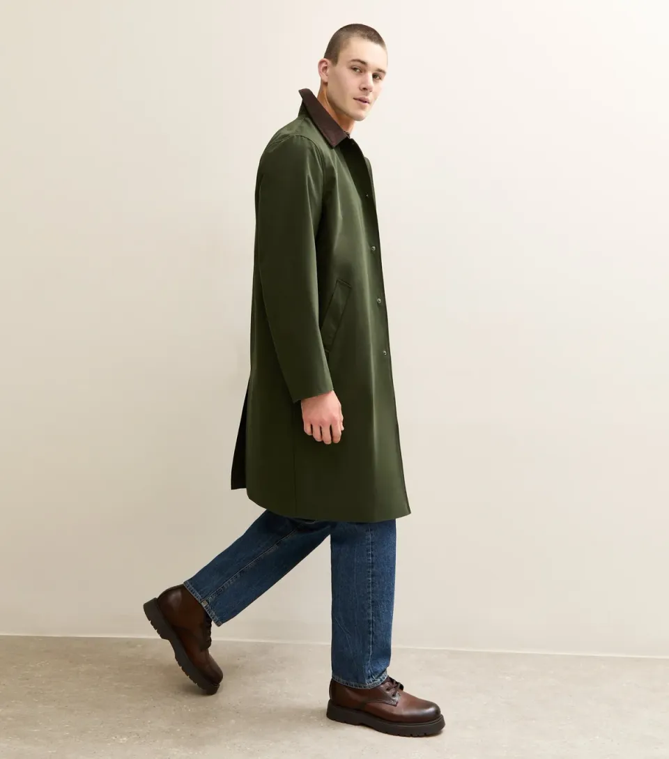 Men's Dark Khaki Regular Corduroy Collar Mac Coat