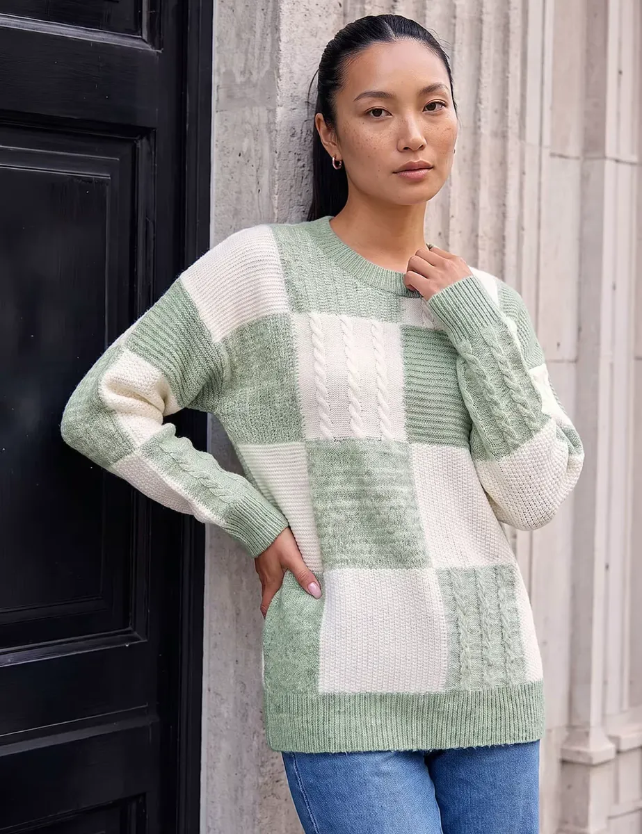 Patchwork Cable Knit Jumper Mint