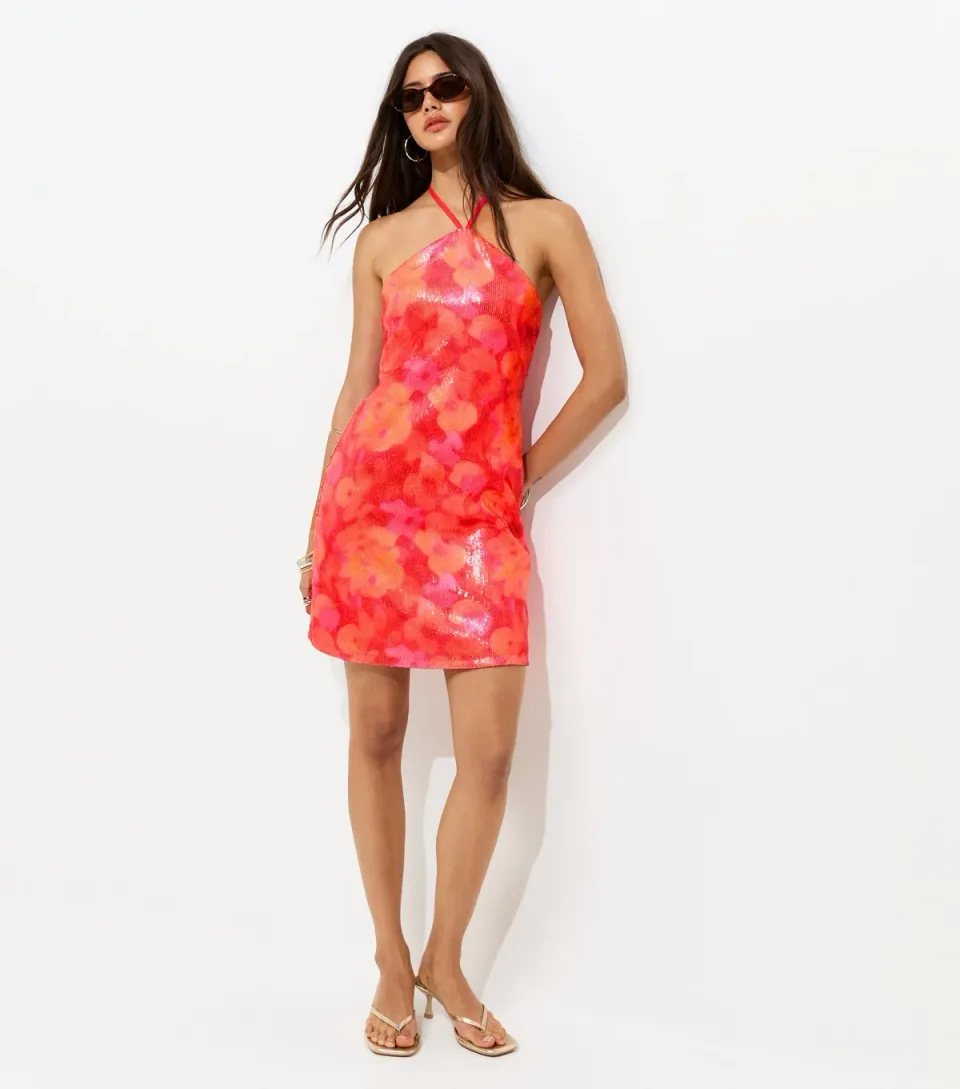 Women's Red Floral Sequin Embellished Halter Mini Dress