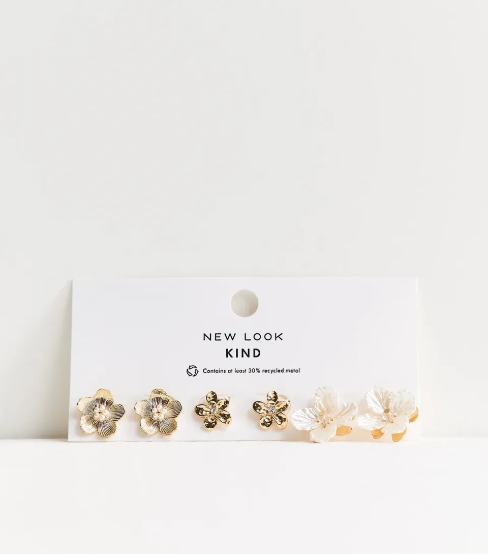 Pack of 3 Gold Tone Mini Flower Stud Earrings