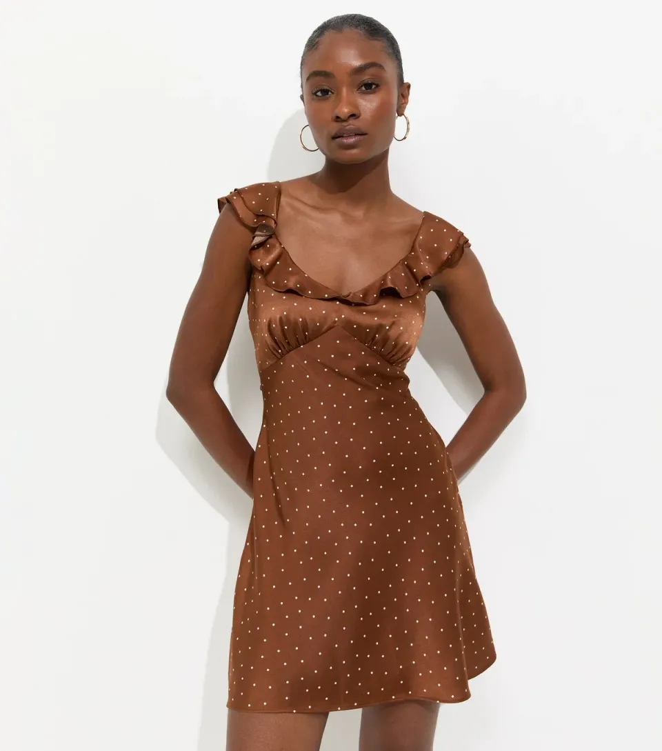 Women's Brown Satin Polka Dot Ruffled Strap Mini Dress