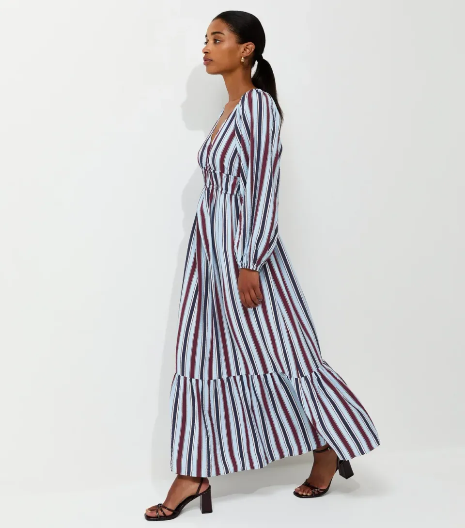 Women's Blue Striped Long Sleeve Smock Midi Dress