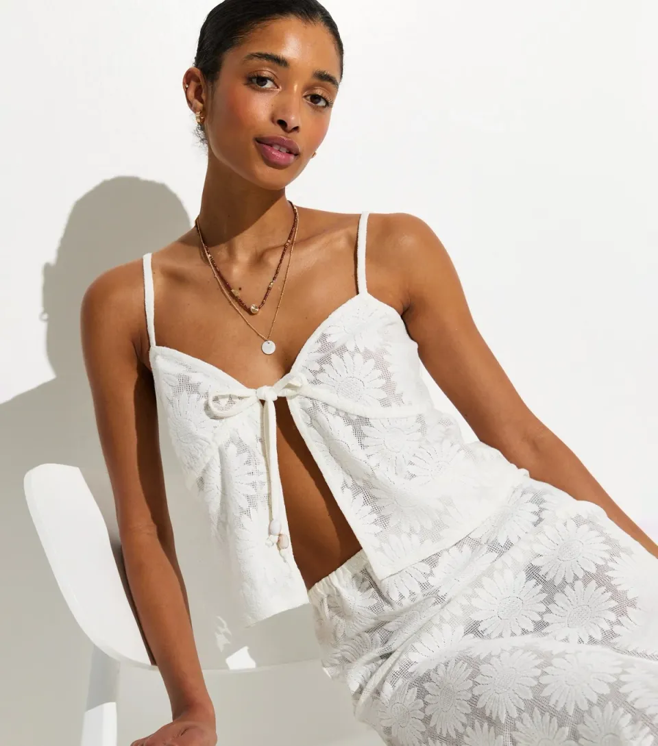 Women's White Floral Lace Beach Crop Top