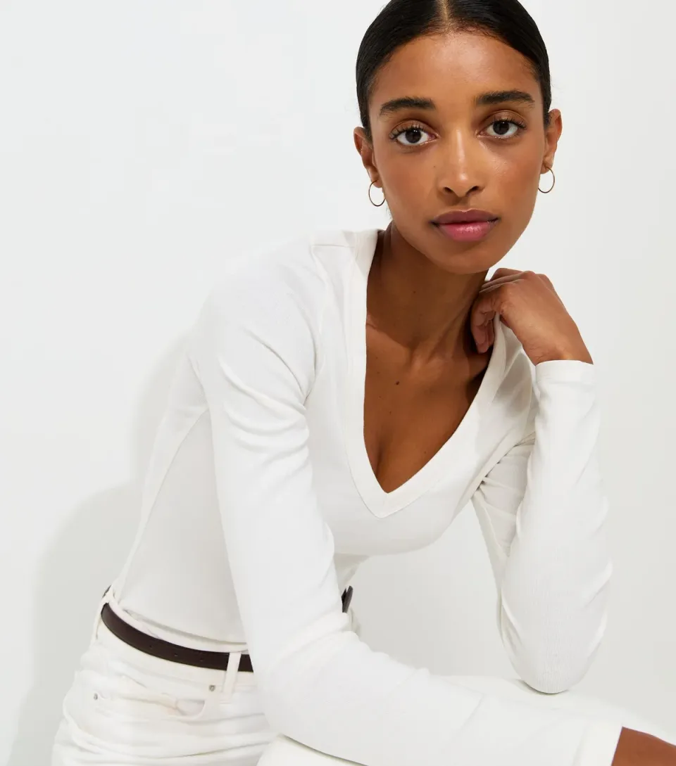 Women's Cream Cotton Rich V-Neck Long Sleeve Top