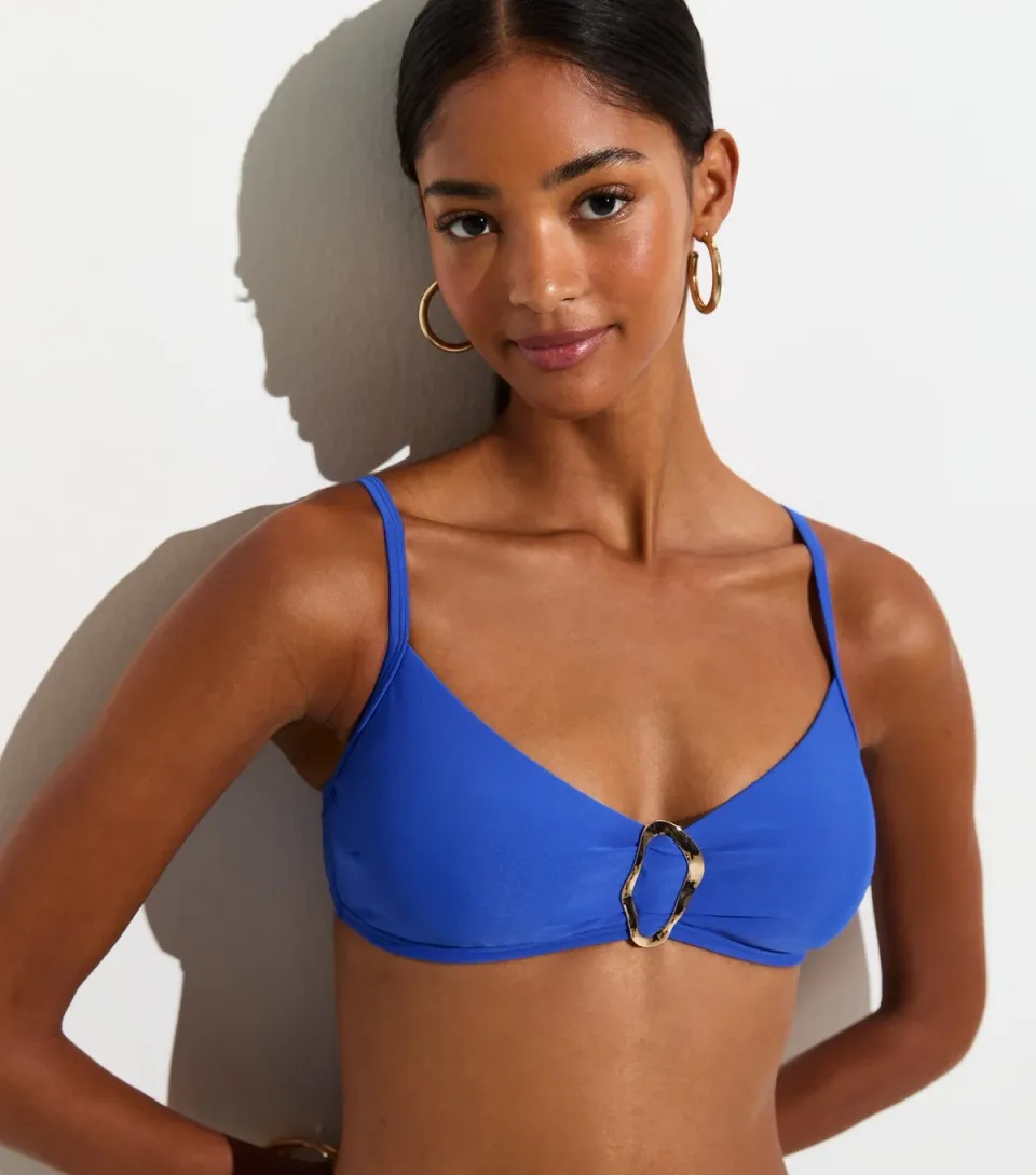 Women's Dark Blue Gold Tone Wiggle Buckle Crop Bikini Top