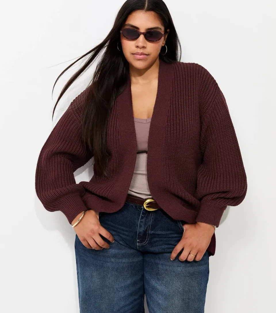 Women's Plus Size Dark Burgundy Ribbed Knit Balloon Sleeve Cardigan Curves