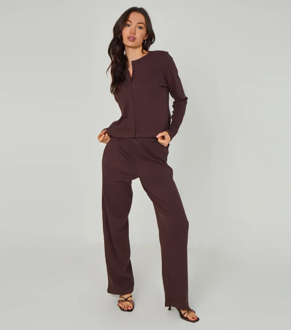 Women's Brown Long Sleeve Button Front Top