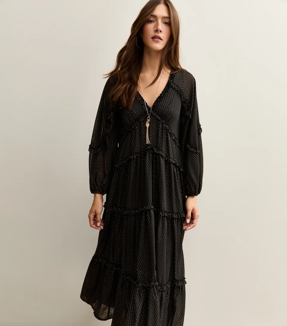 Women's Black Gold Fleck Ruffle Trim Chiffon Midi Dress