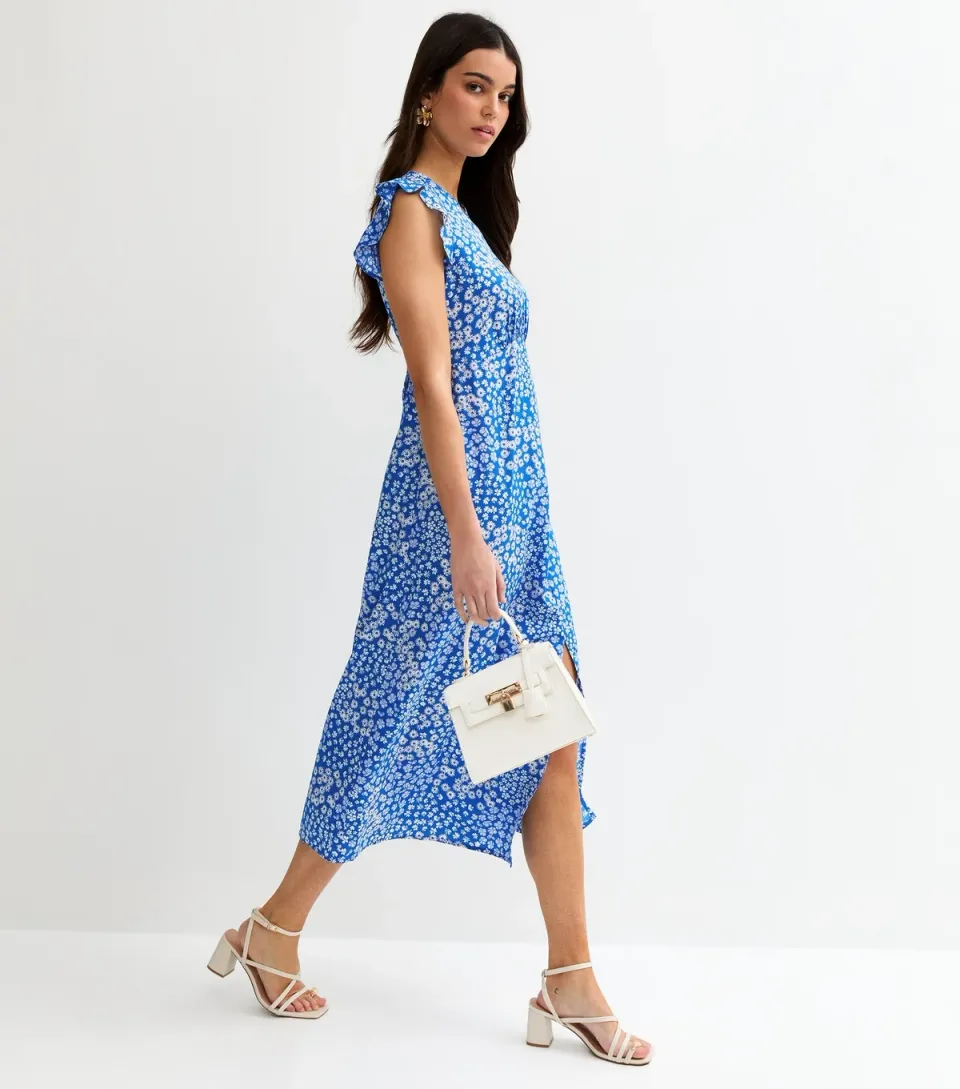 Women's Blue Floral Flutter Sleeve Midi Dress