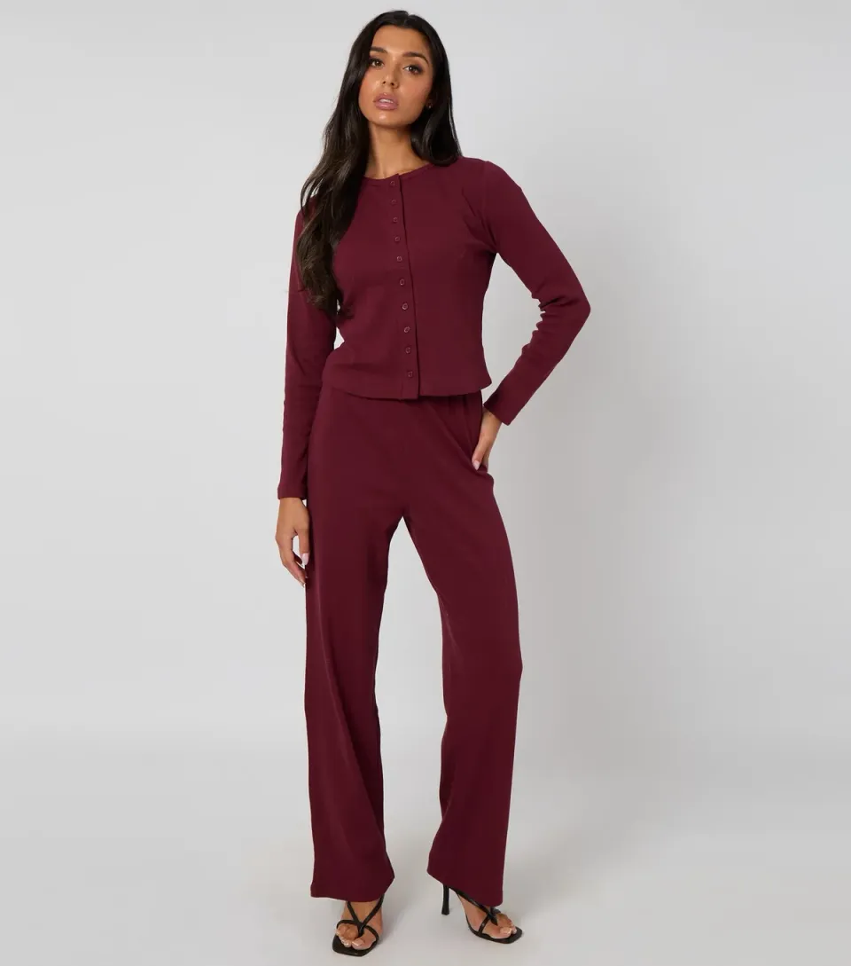 Women's Burgundy Ribbed Wide Leg Trousers