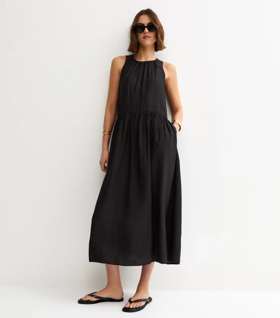 Women's Black Drop Waist Sleeveless Midi Dress