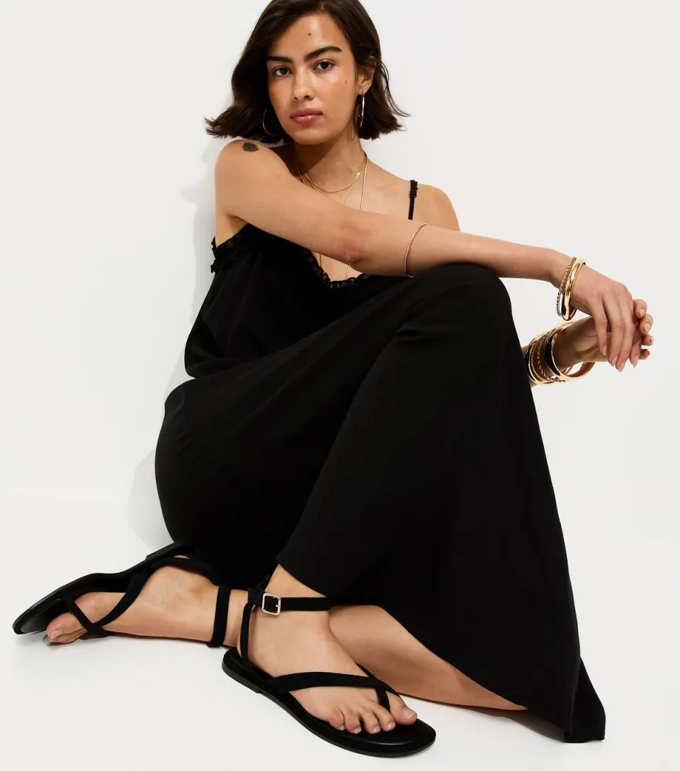 Women's Premium Real Leather Black Crossover Strap Flat Sandals