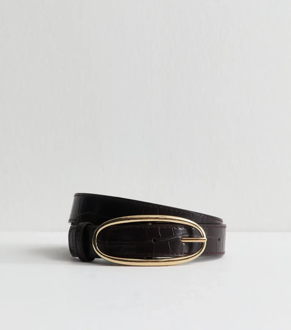 Dark Brown Faux Leather Croc Embossed Oval Buckle Belt