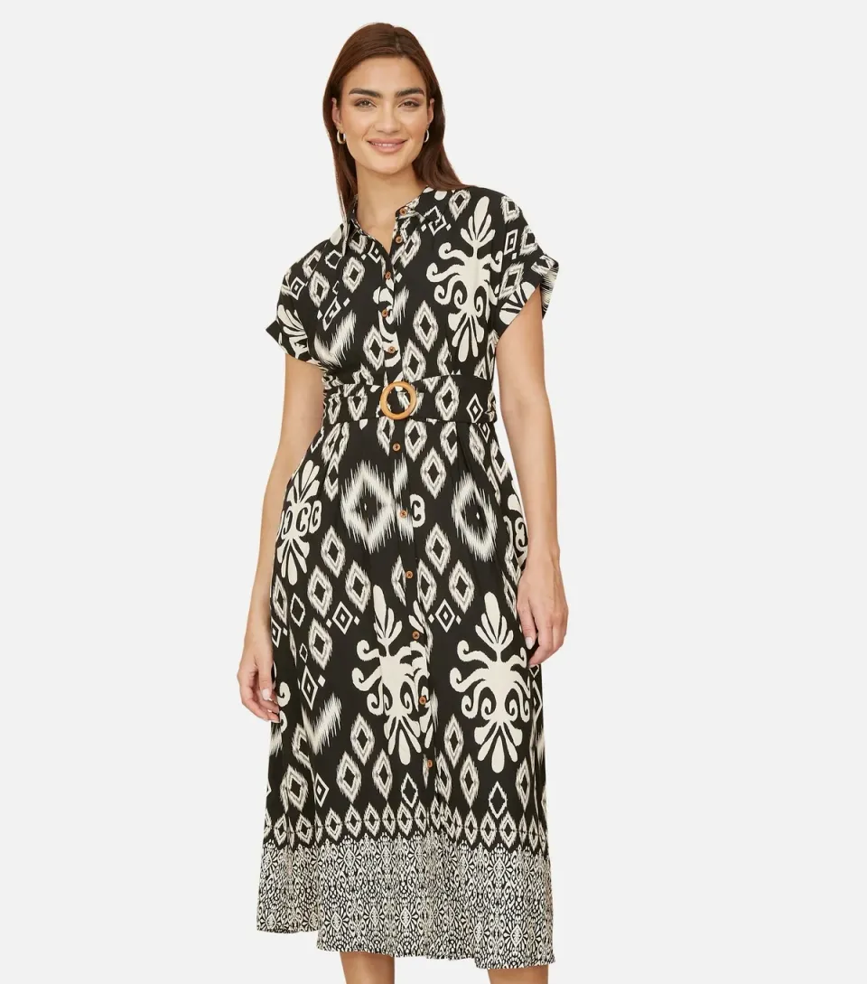 Women's Black Patterned Midi Shirt Dress
