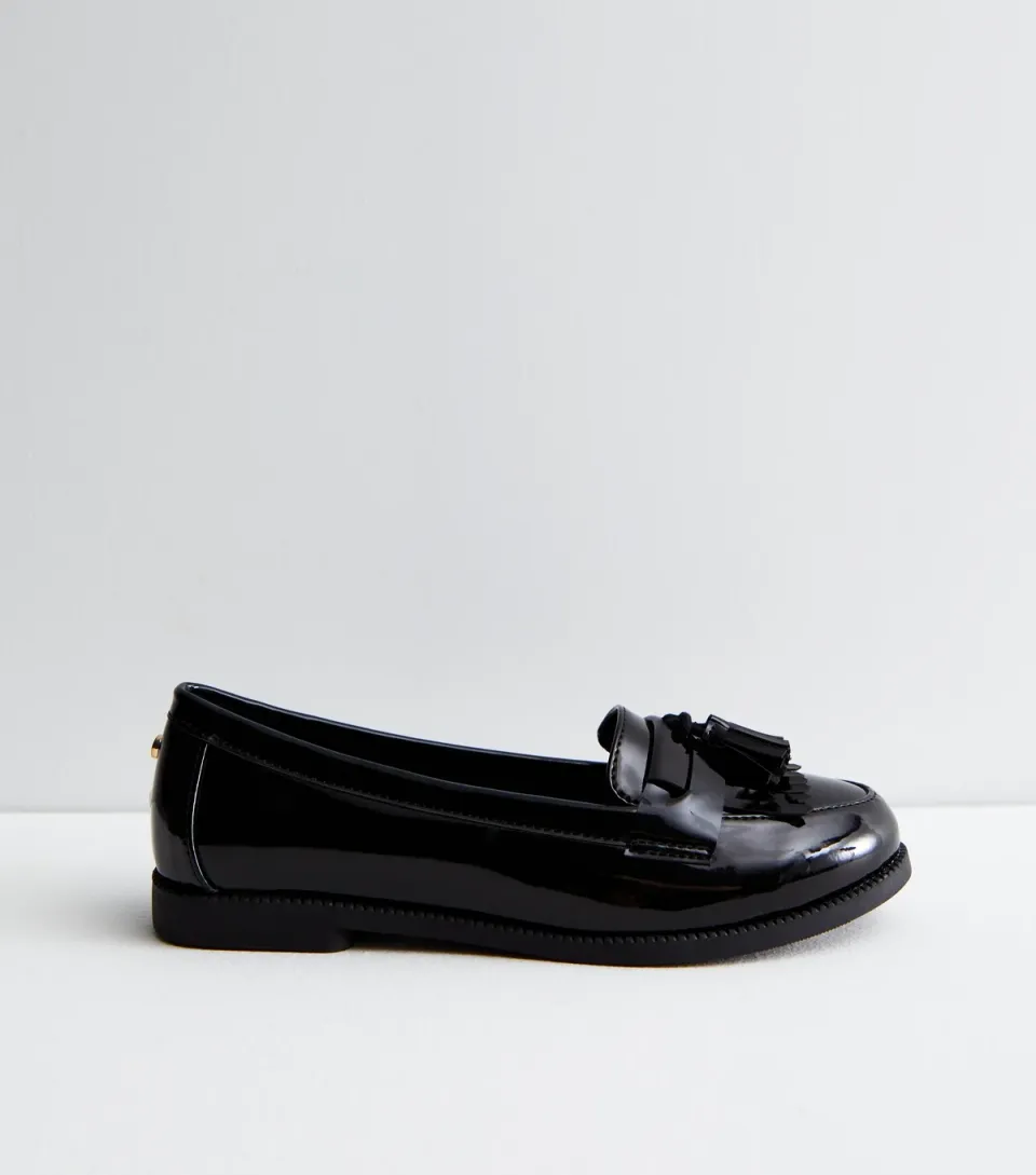 Women's Black Patent Tassel Trim Loafers Vegan