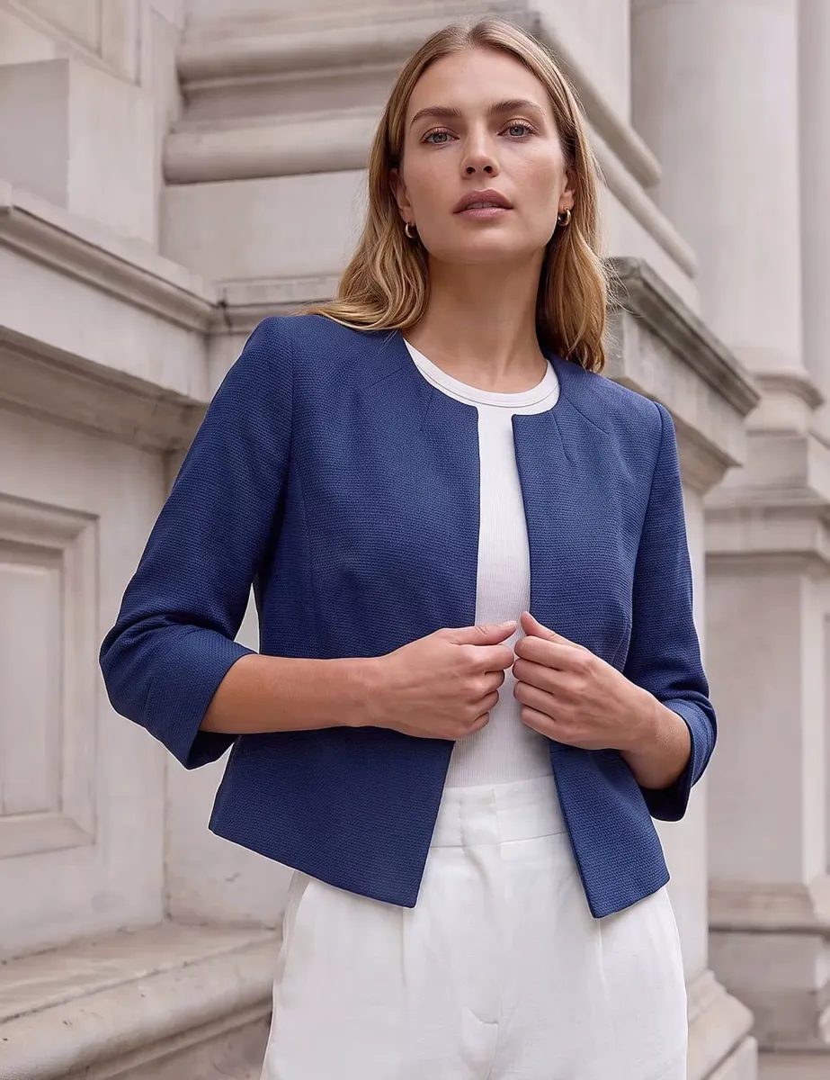 Textured Cropped Tailored Jacket Navy