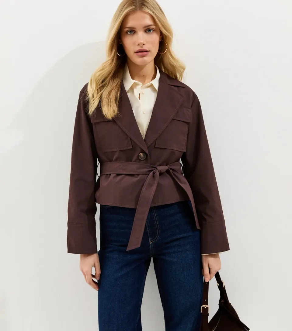 Women's Brown Double Pocket Belted Short Belted Mac