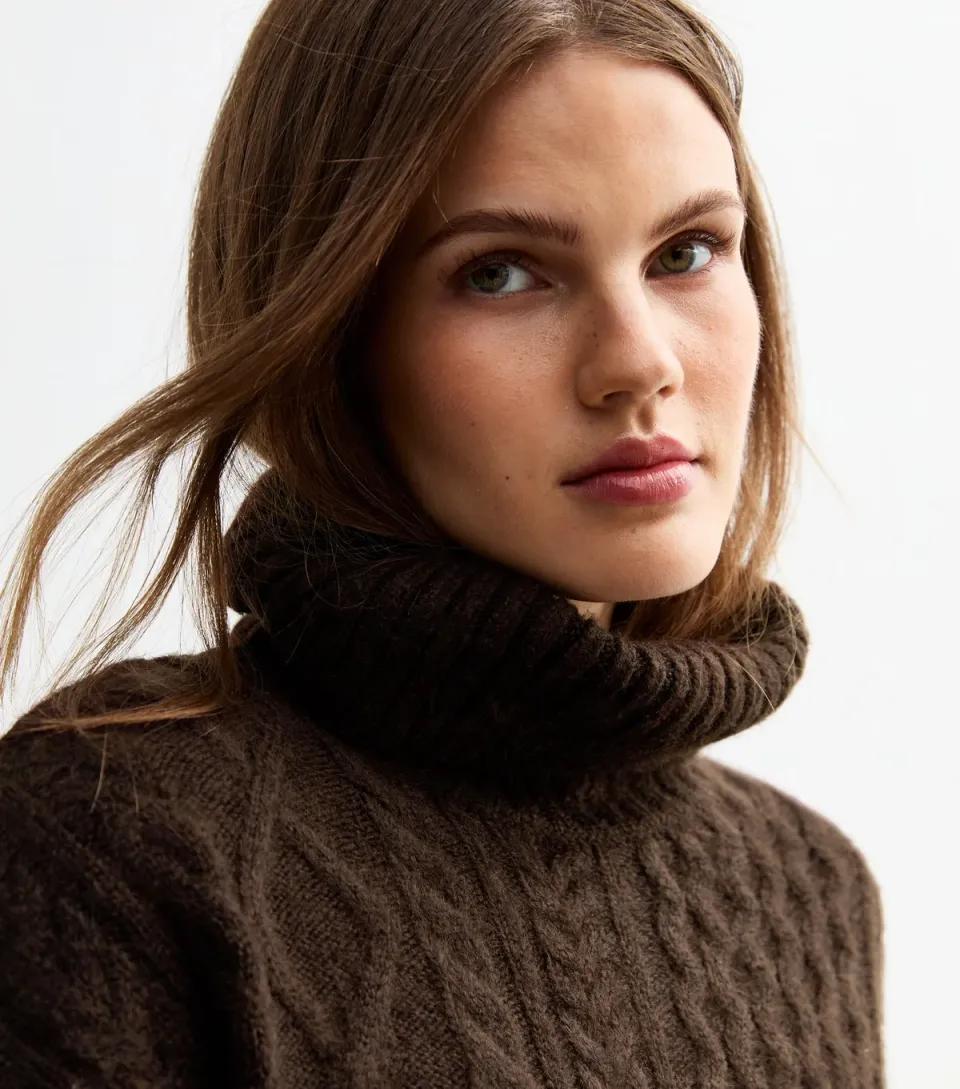 Women's Khaki Cable Knit Roll Neck Jumper