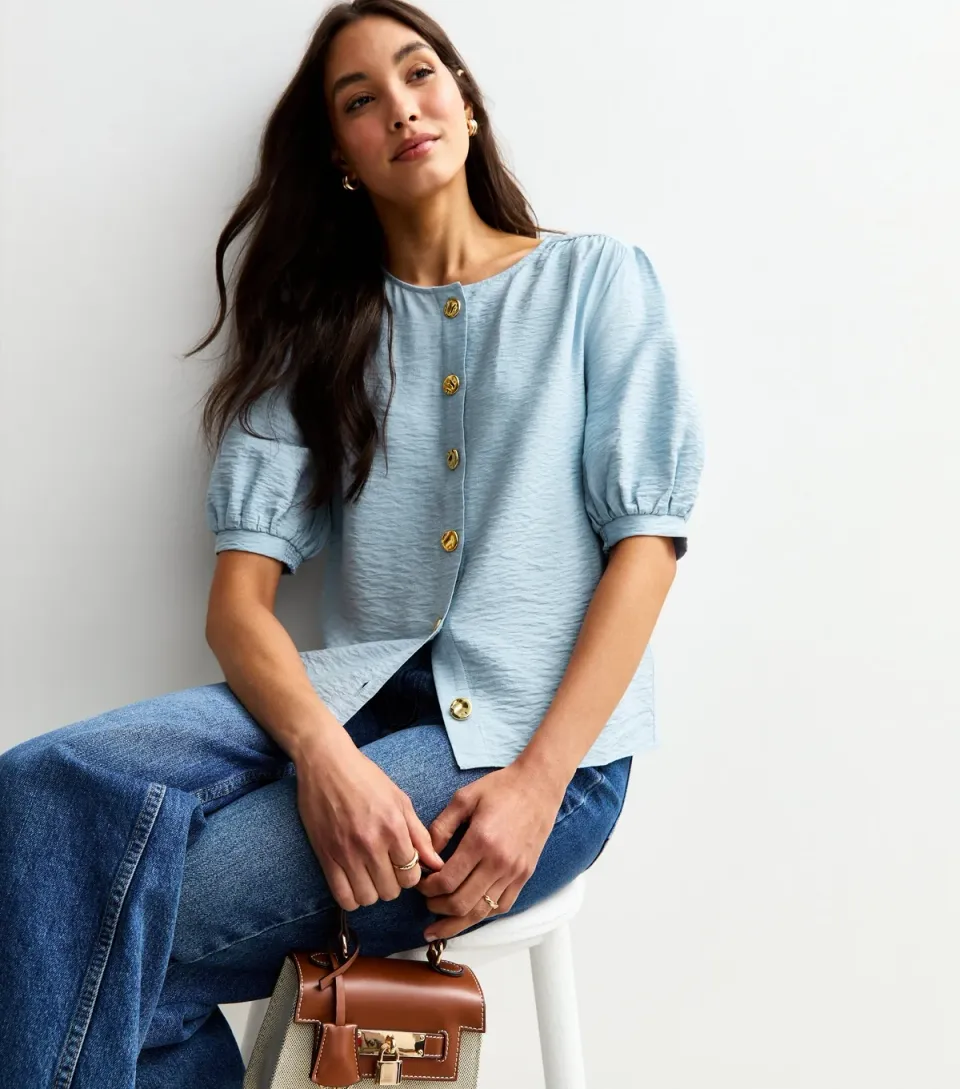 Women's Light Blue Crew Neck Button Through Top