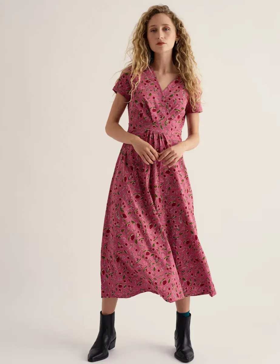 Pure Cotton Floral V-Neck Midi Wrap Dress Pink Mix