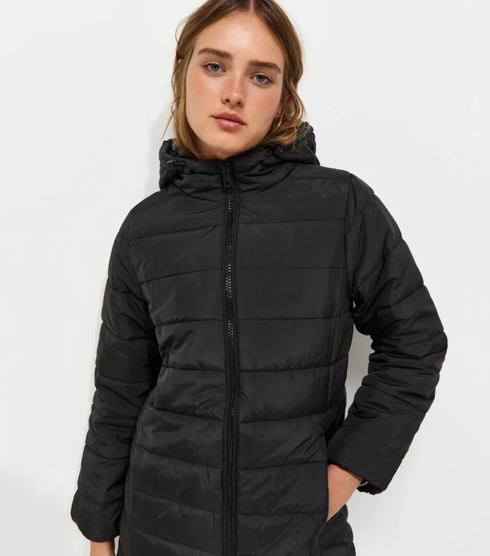 Women's Black Hooded Midi Puffer Jacket