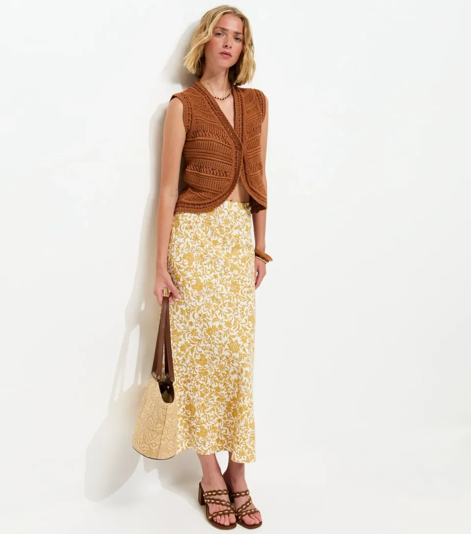 Women's Yellow Linen Blend Floral Bias Cut Midi Skirt