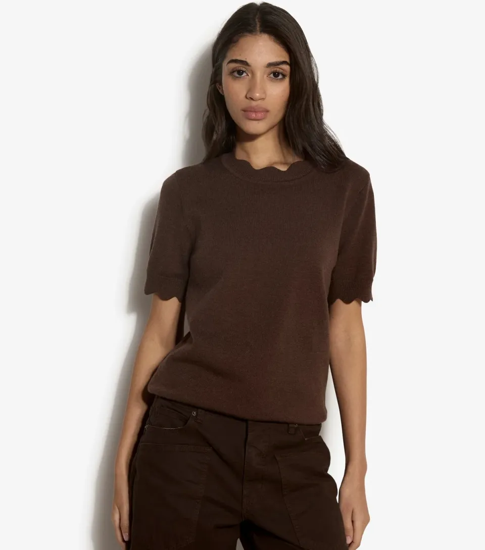 Women's Dark Brown Scalloped Knit Top