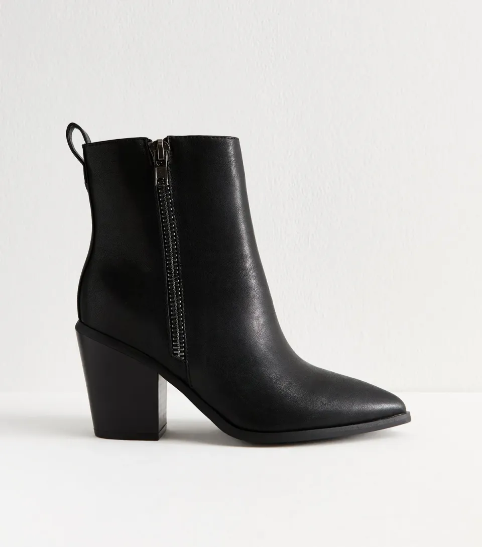 Women's Wide Fit Black Faux Leather Side Zip Heeled Ankle Boots Vegan