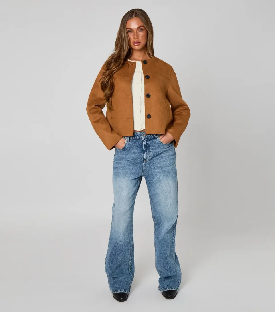 Women's Tan Cropped Faux Suede Button Front Jacket