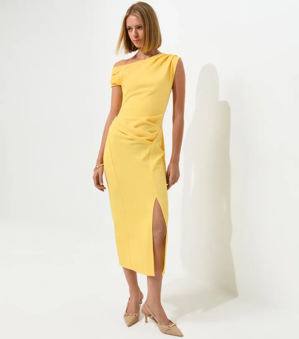 Women's Light Yellow Fallen Shoulder Slit Detail Midi Dress