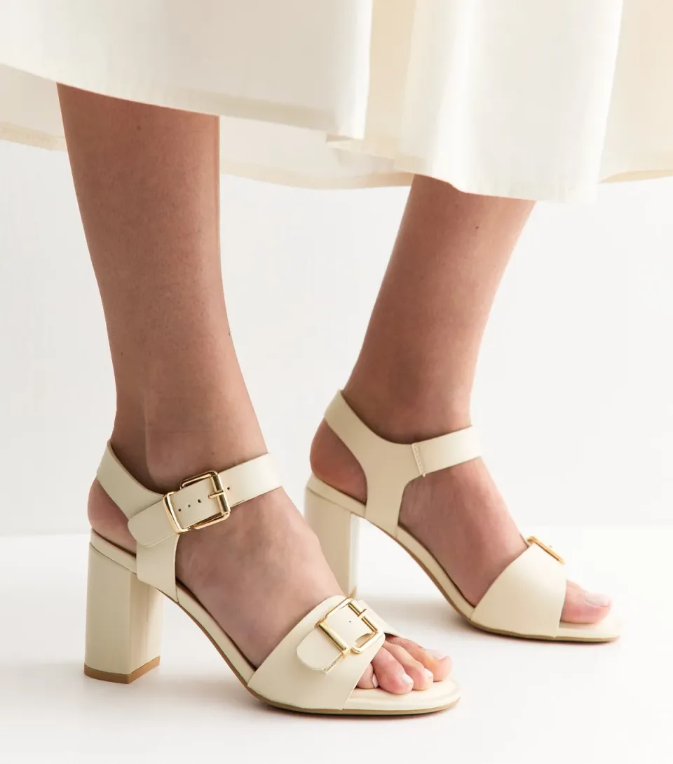 Women's Wide Fit Off White Double Buckle Block Heel Sandals Vegan