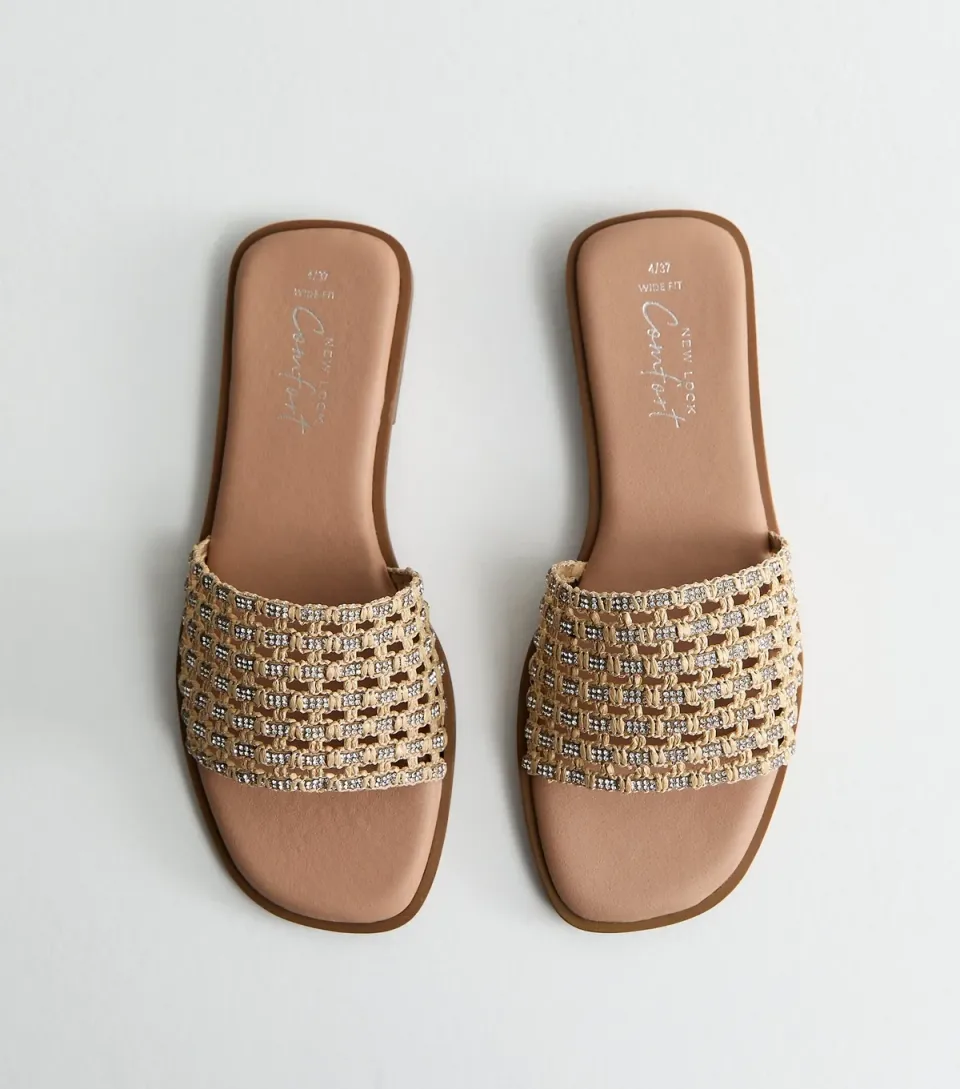 Women's Wide Fit Off White Woven Mule Sandals Vegan