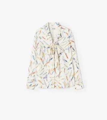 Feather Print Silk Scarf Blouse in Ink blue