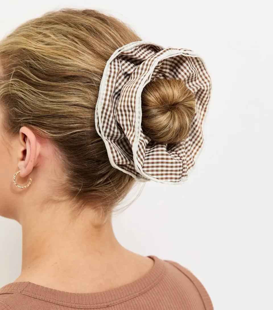 Brown Gingham Print Ruffle Scrunchie