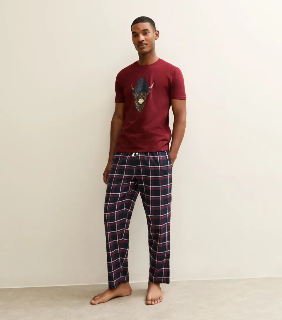 Men's Red Regular Cow Print T-Shirt and Trousers Pyjamas Set